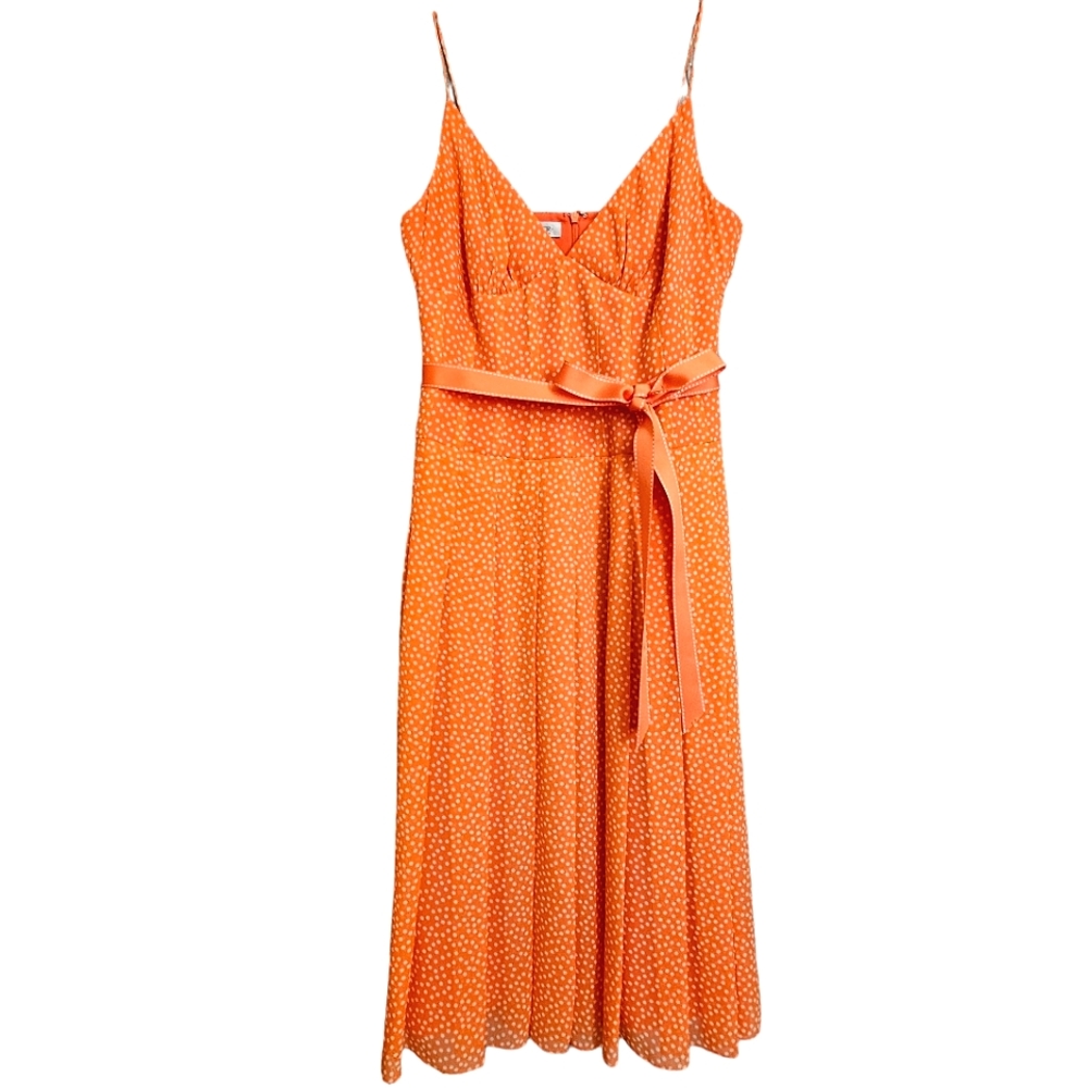 Nwot Kay Unger Orange Polka Dot Silk Spaghetti strap Pleated Detail Midi…